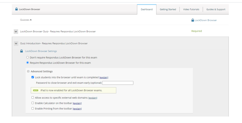 Respondus LockDown Window displaying the Additional Settings with the "Lock students into the browser until exam is completed" option enabled. 