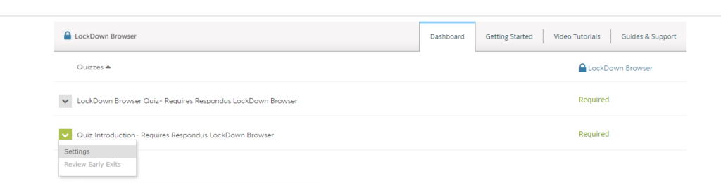 Respondus LockDown Window highlighting the Settings Menu Option. 