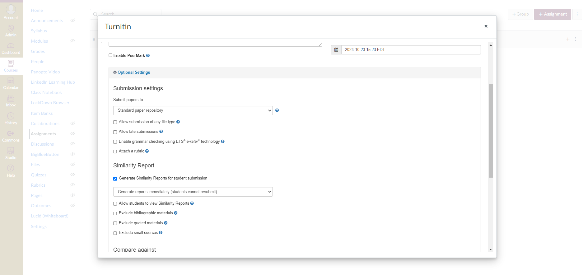 Screenshot of the Optional Settings cog in a Turnitin Assignment in Canvas. 